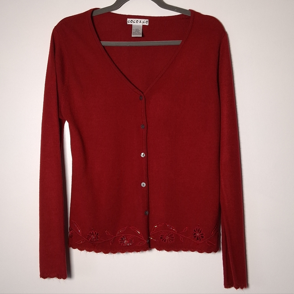 Cardigan Sweater V-neck Floral Embroidery Beaded Embelishment Size M